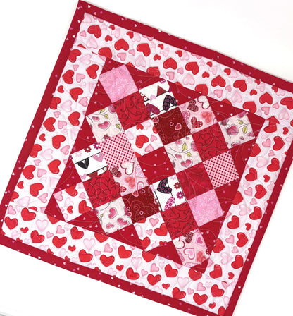 Handmade Valentine's Day Table Topper, Heart Quilted Square Quilt