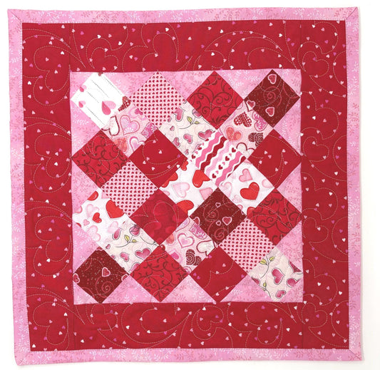 Handmade Valentine's Day Quilted Table Topper, Red Pink Heart Decor
