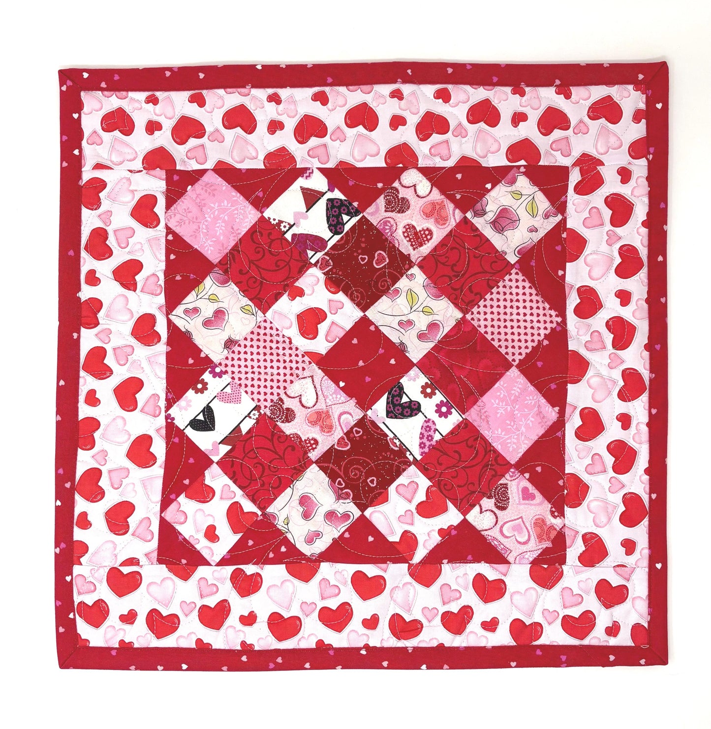 Handmade Valentine's Day Table Topper, Heart Quilted Square Quilt