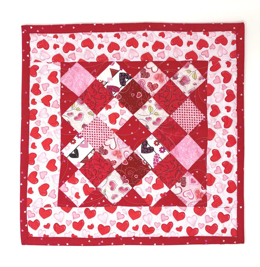 Handmade Valentine's Day Table Topper, Heart Quilted Square Quilt