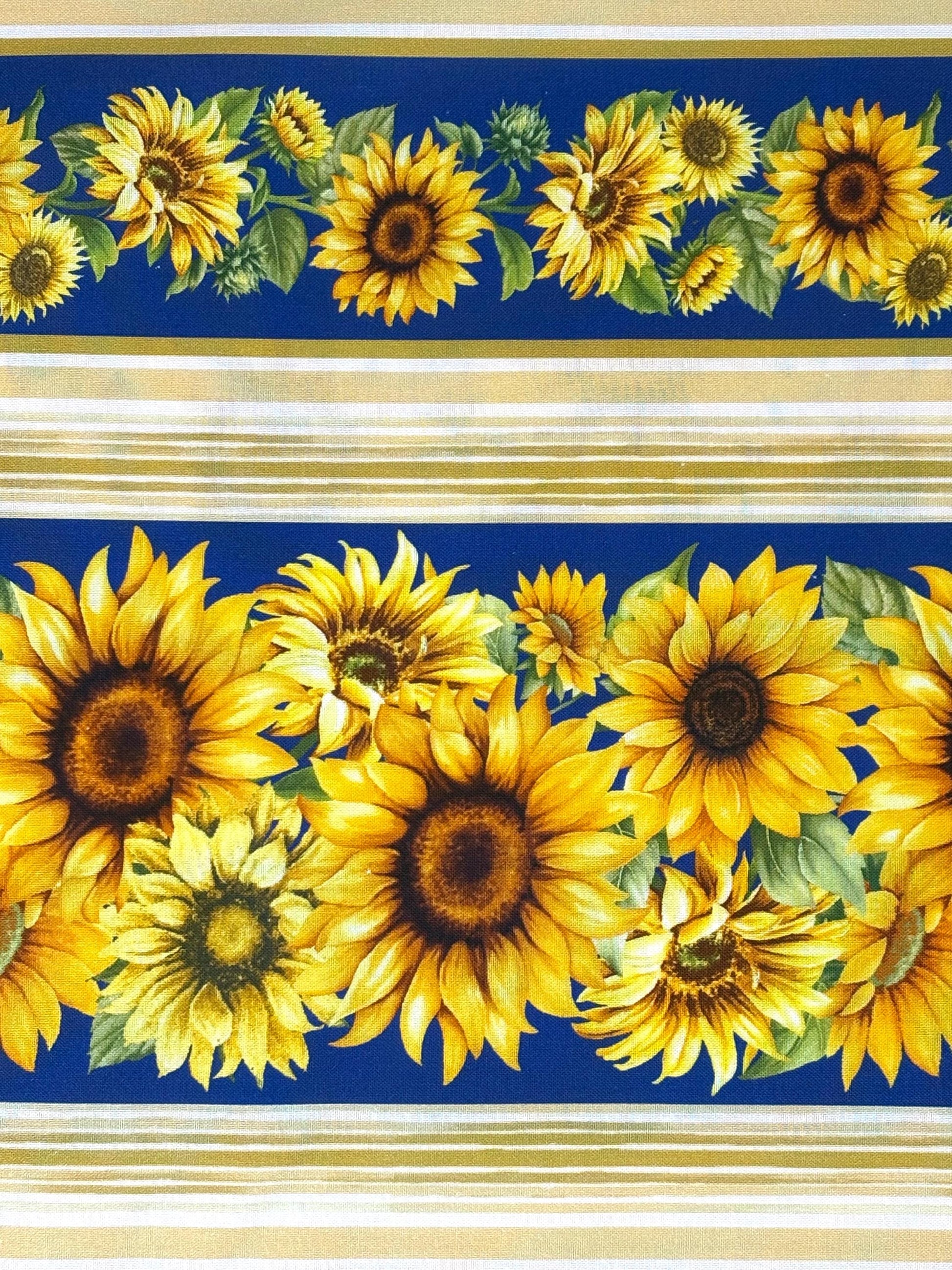 Sunflowers Stripe Border Fabric: Fleur, Sunflowers, Sapphire - Timeless Treasures