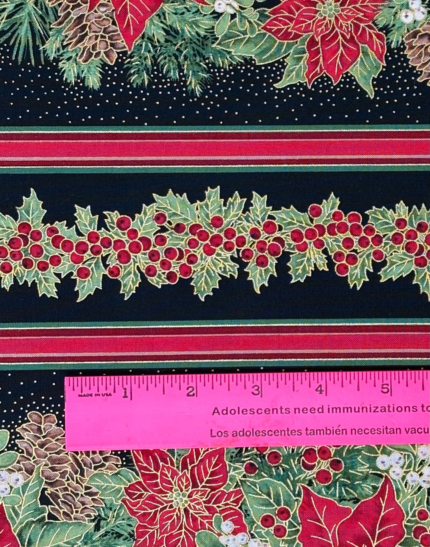 Poinsettia Stripe Border Fabric: Red, Green - Timeless Treasures