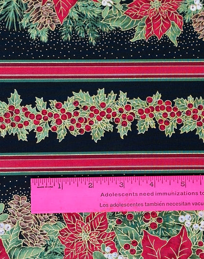 Poinsettia Stripe Border Fabric: Red, Green - Timeless Treasures