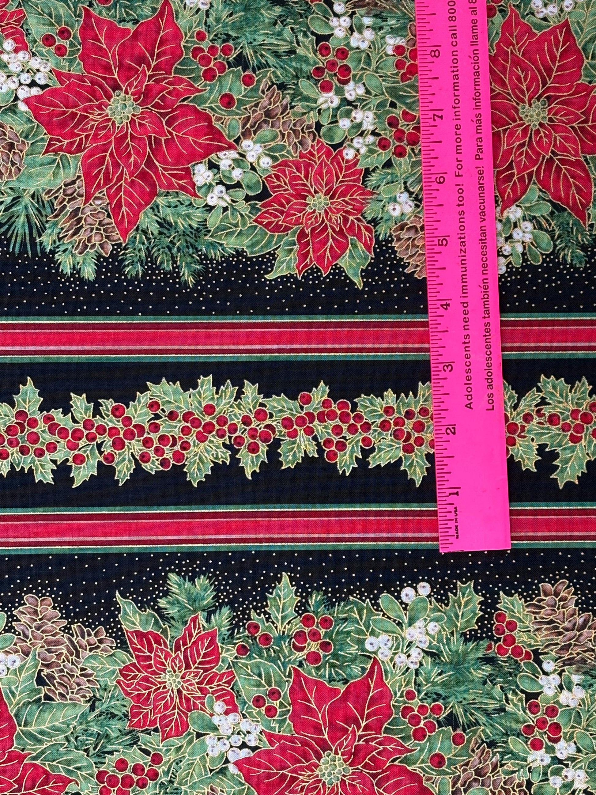 Poinsettia Stripe Border Fabric: Red, Green - Timeless Treasures