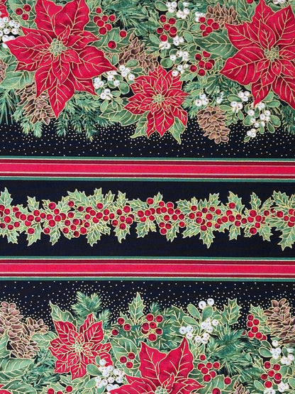 Poinsettia Stripe Border Fabric: Red, Green - Timeless Treasures