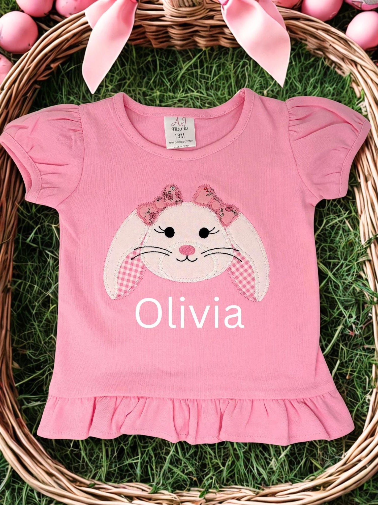 Girl’s Pink Bunny Tee Shirt: Easter, applique, Toddler Girls, Personalized
