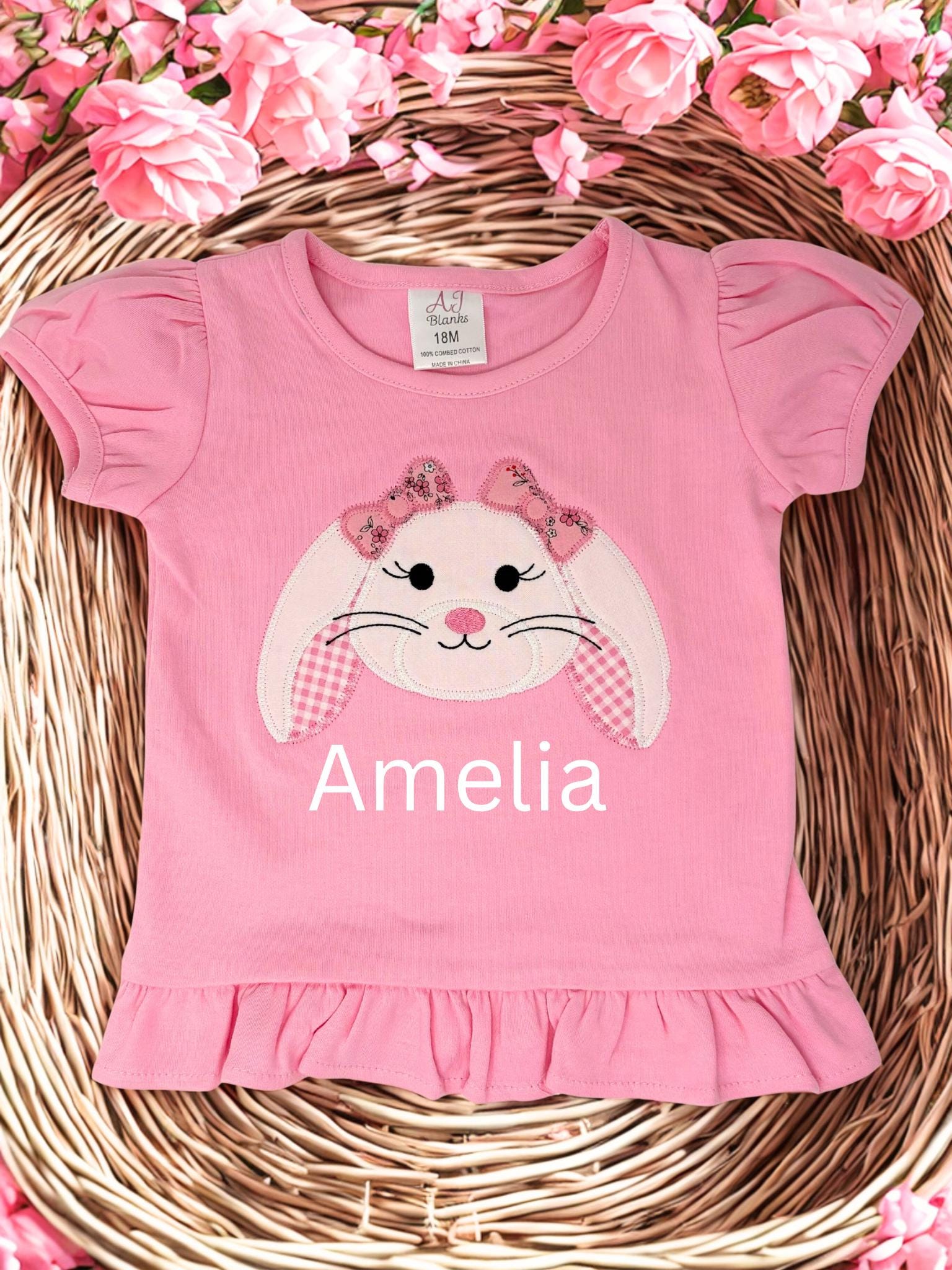 Girl’s Pink Bunny Tee Shirt: Easter, applique, Toddler Girls, Personalized