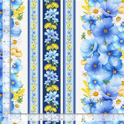 Floral Stripe Border Fabric: Fleur, Floral Blue Stripes - Timeless Treasures