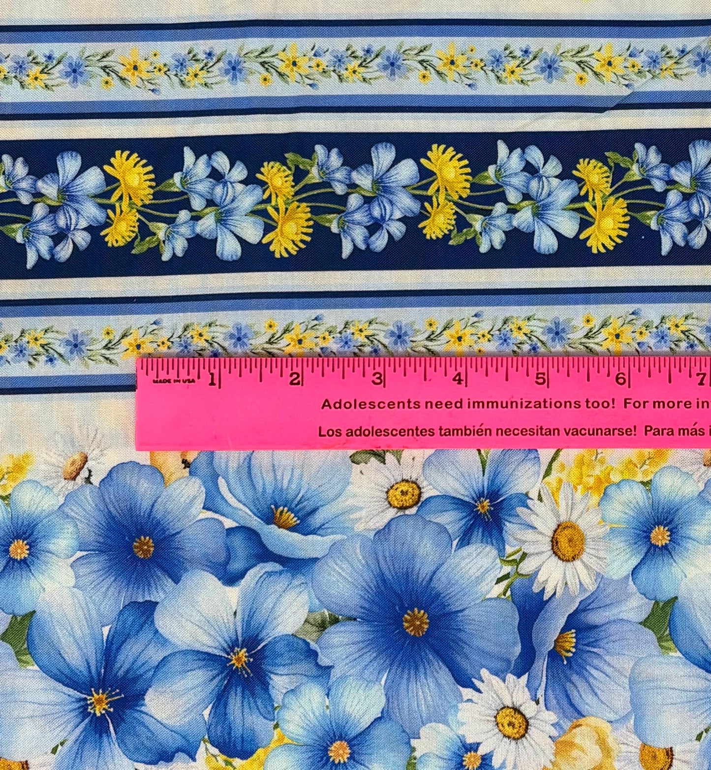 Floral Stripe Border Fabric: Fleur, Floral Blue Stripes - Timeless Treasures