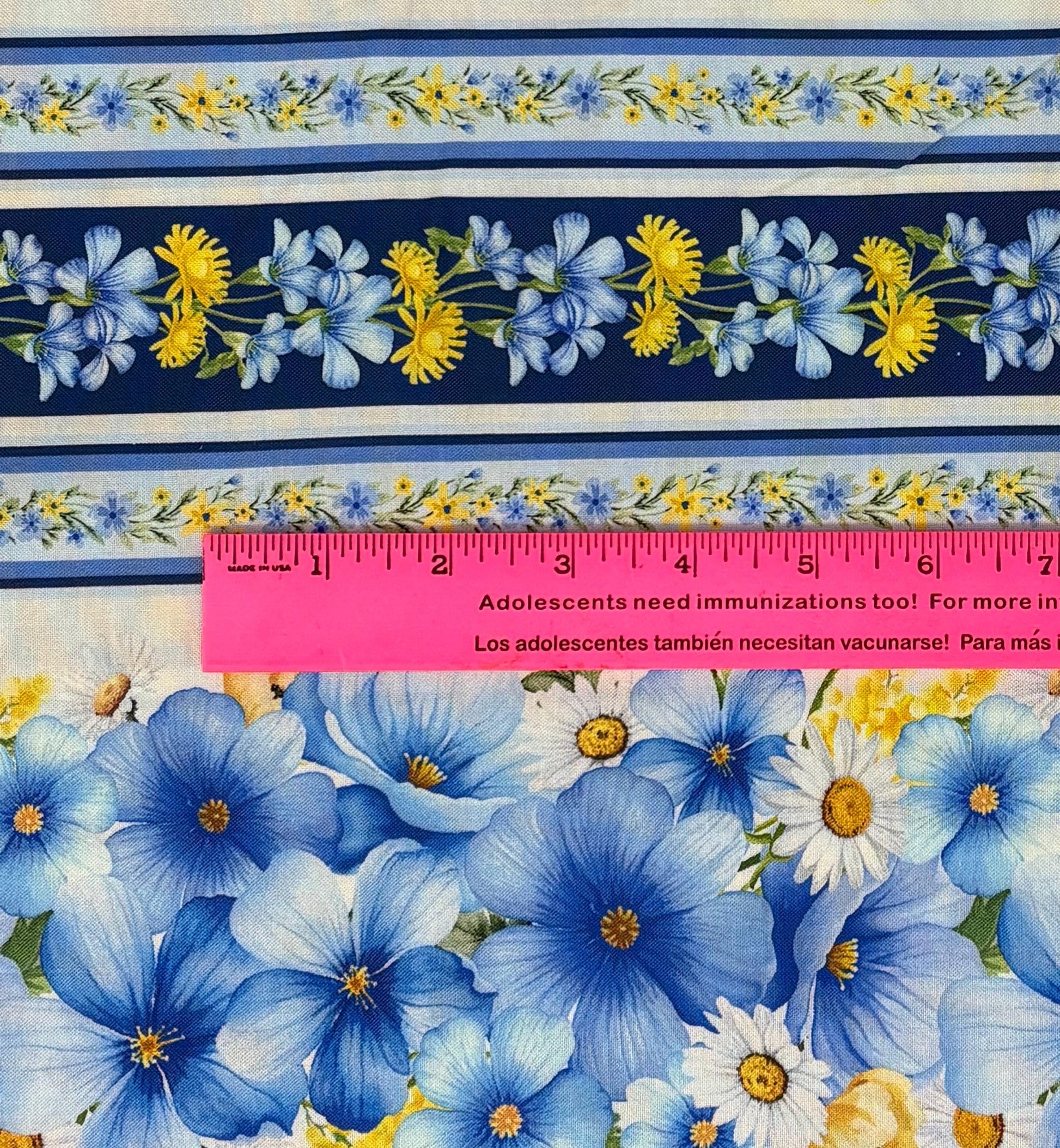 Floral Stripe Border Fabric: Fleur, Floral Blue Stripes - Timeless Treasures