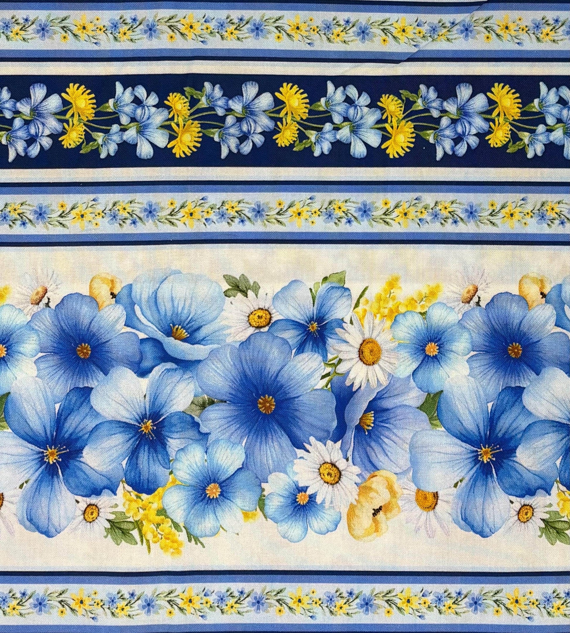 Floral Stripe Border Fabric: Fleur, Floral Blue Stripes - Timeless Treasures