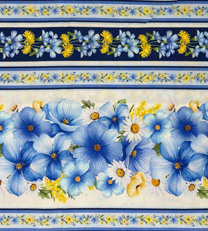 Floral Stripe Border Fabric: Fleur, Floral Blue Stripes - Timeless Treasures