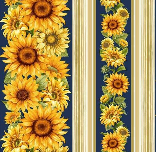 Sunflowers Stripe Border Fabric: Fleur, Sunflowers, Sapphire - Timeless Treasures