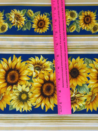 Sunflowers Stripe Border Fabric: Fleur, Sunflowers, Sapphire - Timeless Treasures