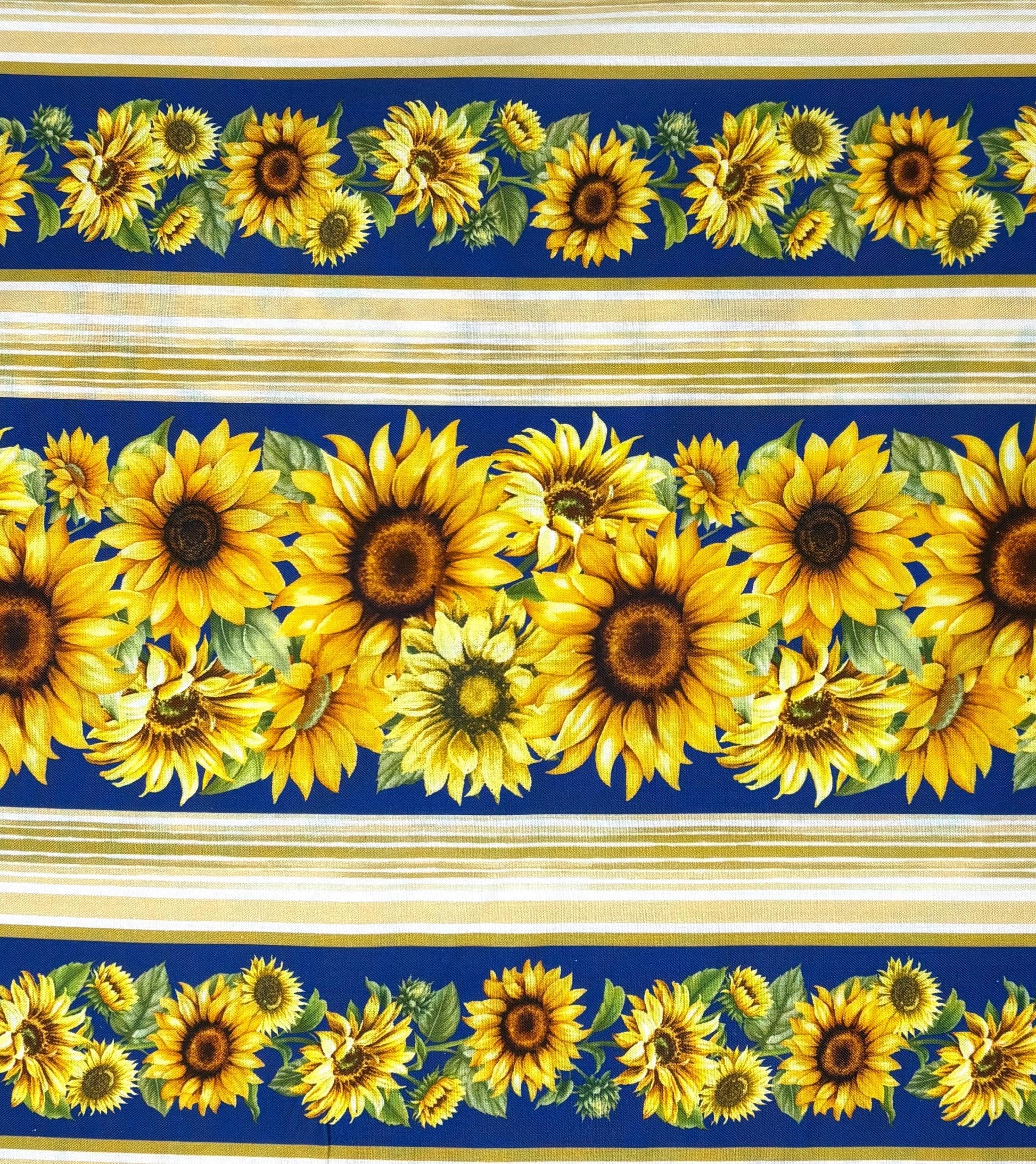 Sunflowers Stripe Border Fabric: Fleur, Sunflowers, Sapphire - Timeless Treasures