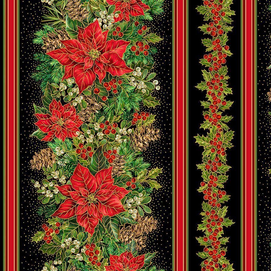 Poinsettia Stripe Border Fabric: Red, Green - Timeless Treasures