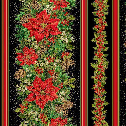 Poinsettia Stripe Border Fabric: Red, Green - Timeless Treasures