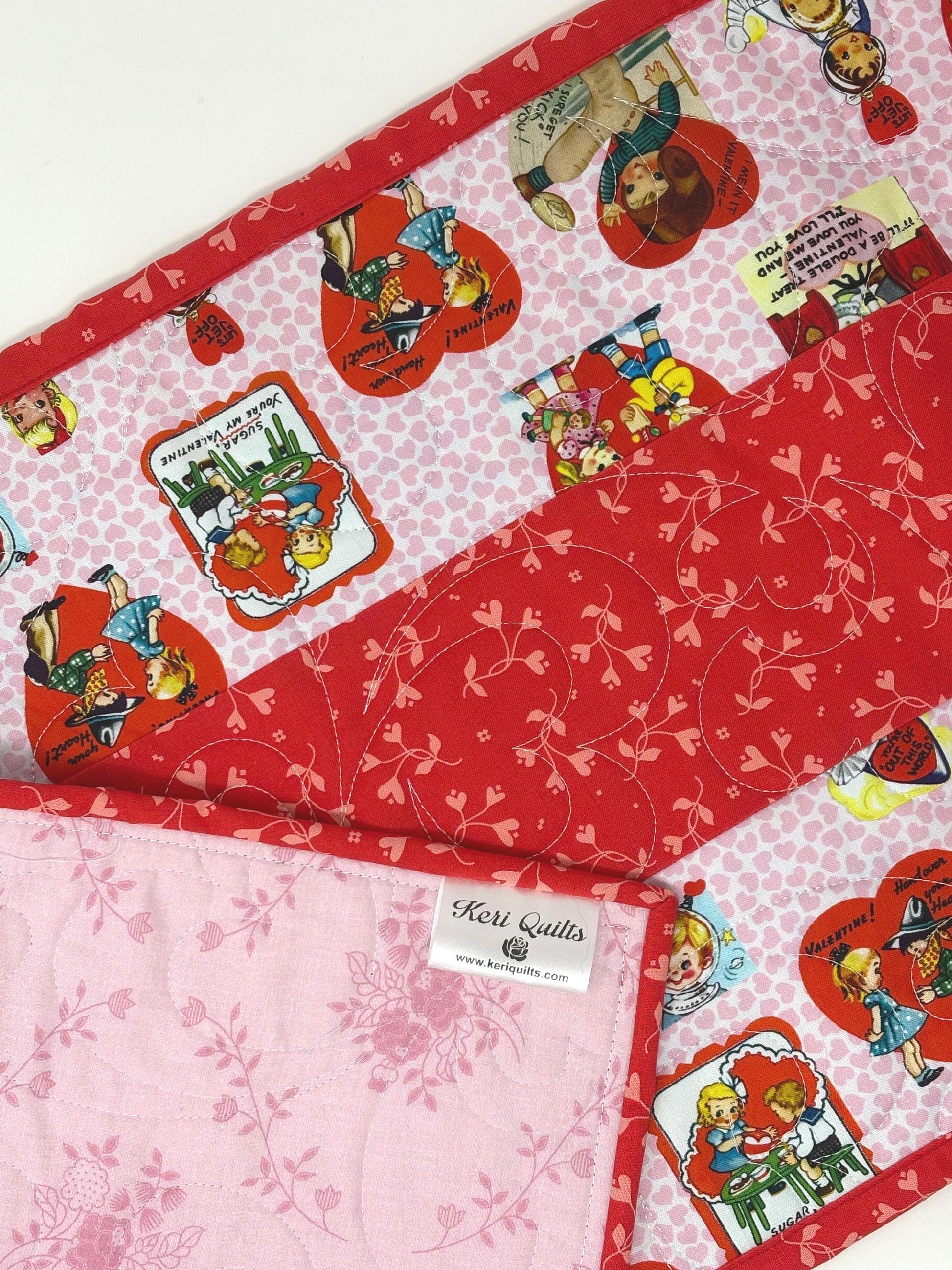 Valentine Table Runner Quilt, Retro, Pink, Red, Handmade Quilt