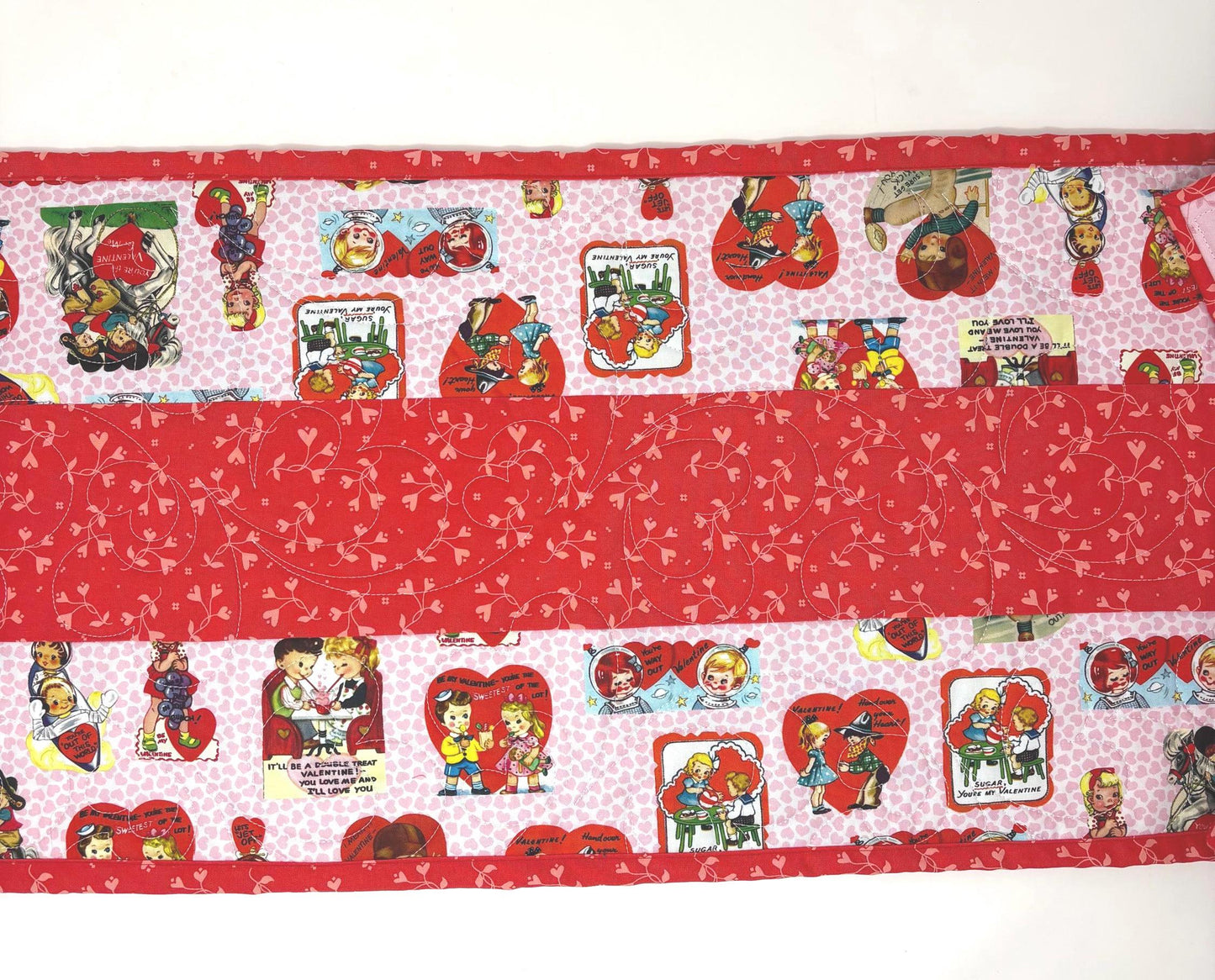 Valentine Table Runner Quilt, Retro, Pink, Red, Handmade Quilt