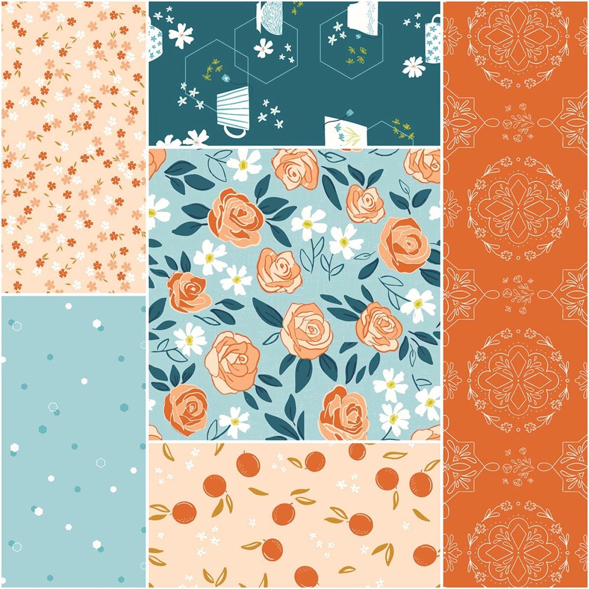 Floral Charm Squares, Homage, Pink, Orange, Green, Riley Blake, 10 inch squares