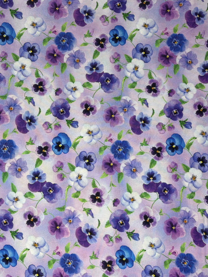 Purple Lilac Pansy Floral Yardage, Pansy Bouquet, Pansy Perfection, Timeless Treasures