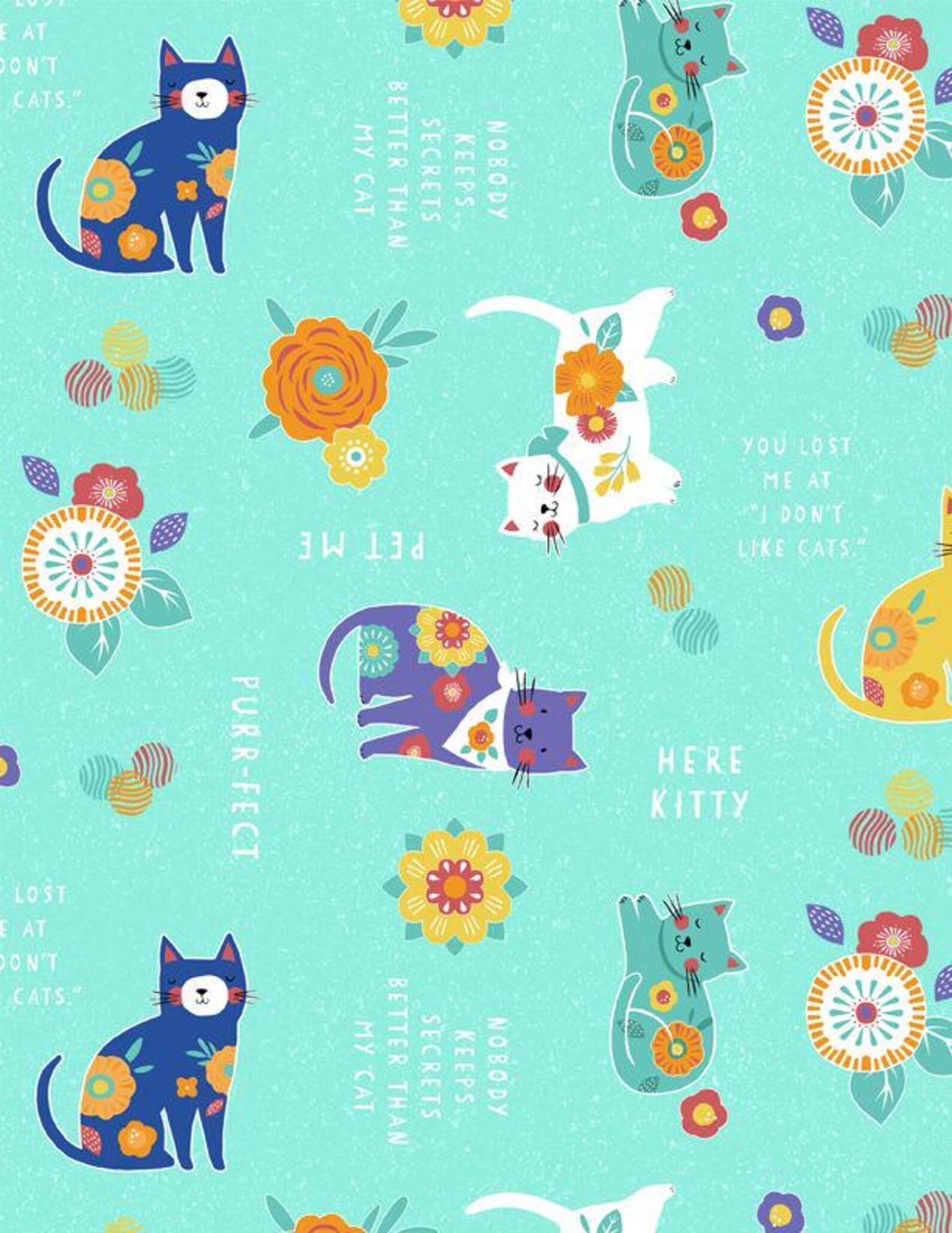 Cat Yardage, Fe-line Frisky, All Over Cats on Teal, Wilmington Prints