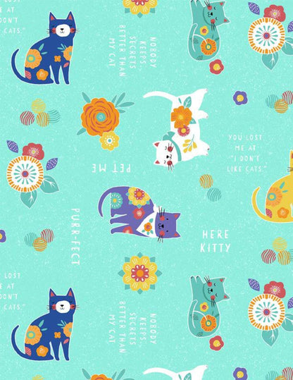 Cat Yardage, Fe-line Frisky, All Over Cats on Teal, Wilmington Prints