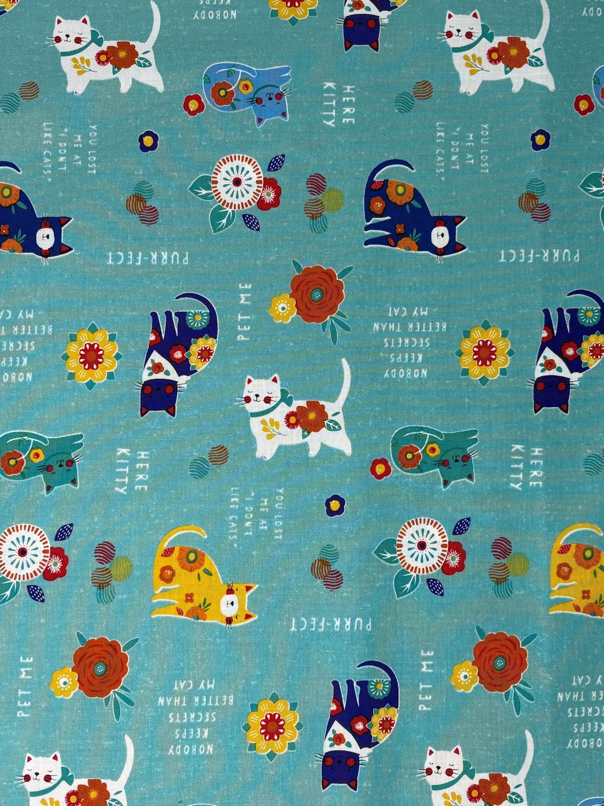 Cat Yardage, Fe-line Frisky, All Over Cats on Teal, Wilmington Prints