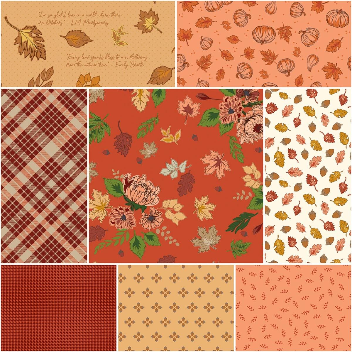 Fall Harvest Fabric Squares, Cozy Autumn, Charm Pack, Riley Blake, Beverly McCullough, 5 inches, 42 squares