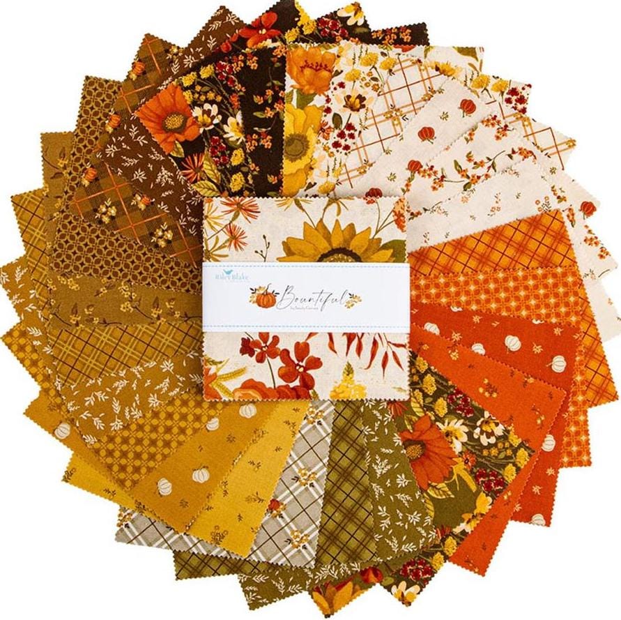 Fall Harvest Fabric Squares, Bountiful, Charm Pack, Riley Blake, Sandy Gervais, 5 inches, 42 squares