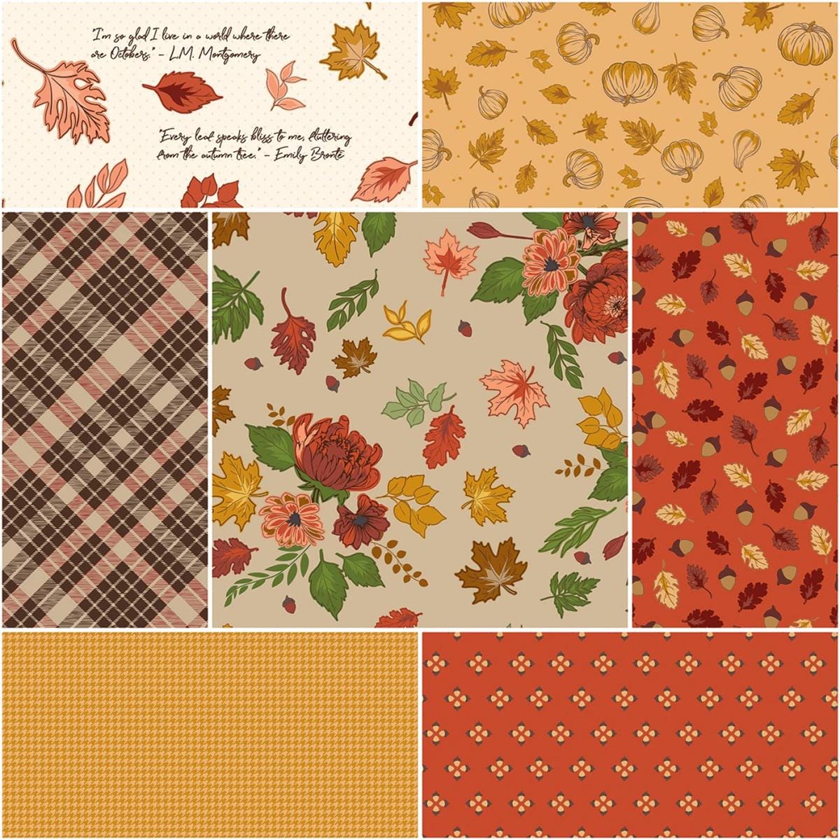 Fall Harvest Fabric Squares, Cozy Autumn, Charm Pack, Riley Blake, Beverly McCullough, 5 inches, 42 squares