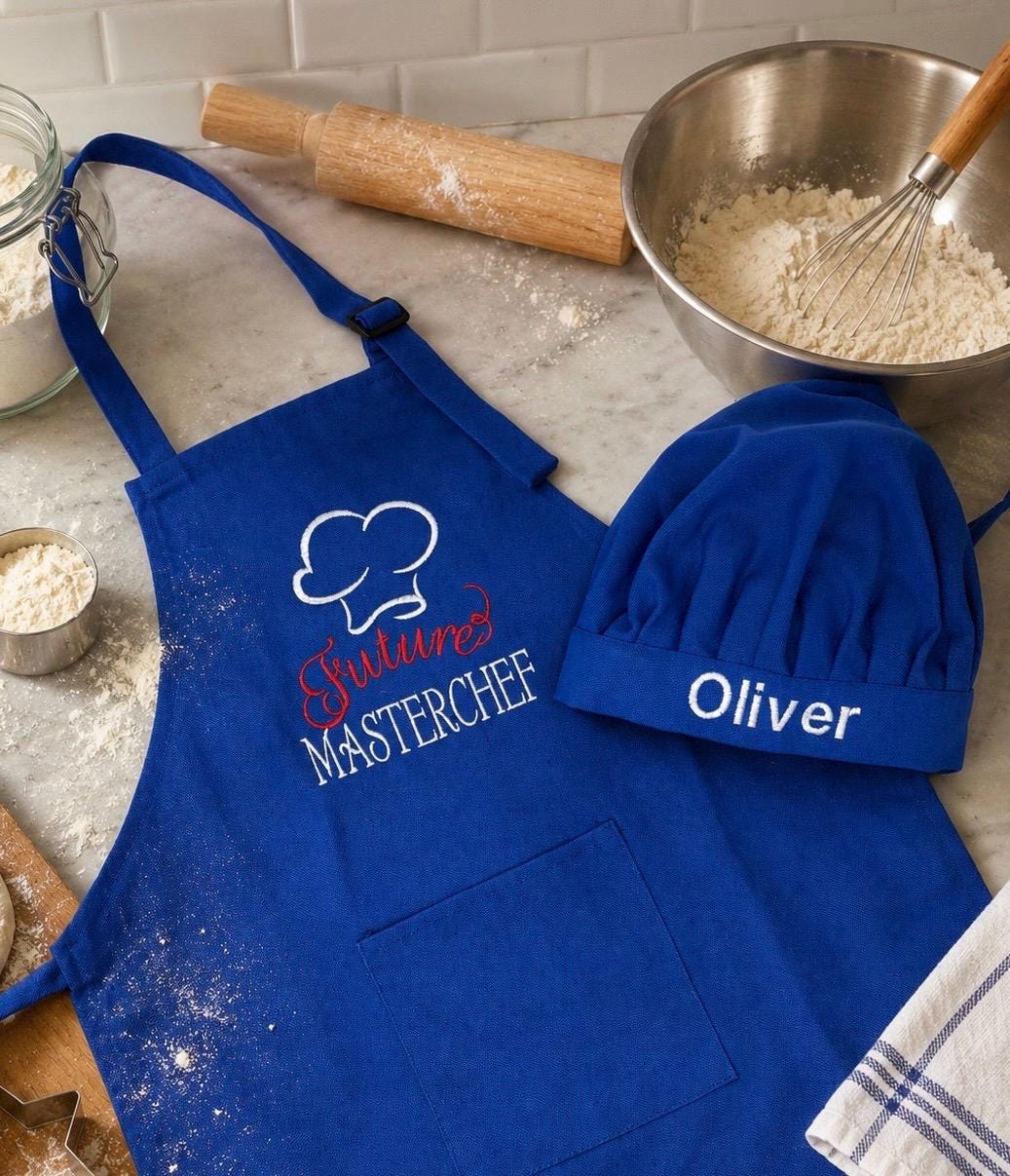 Child’s Apron and Chef Hat Set, Blue, Embroidered, Personalized, Kitchen Apron