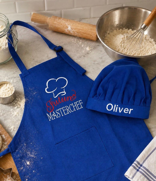 Child’s Apron and Chef Hat Set, Blue, Embroidered, Personalized, Kitchen Apron