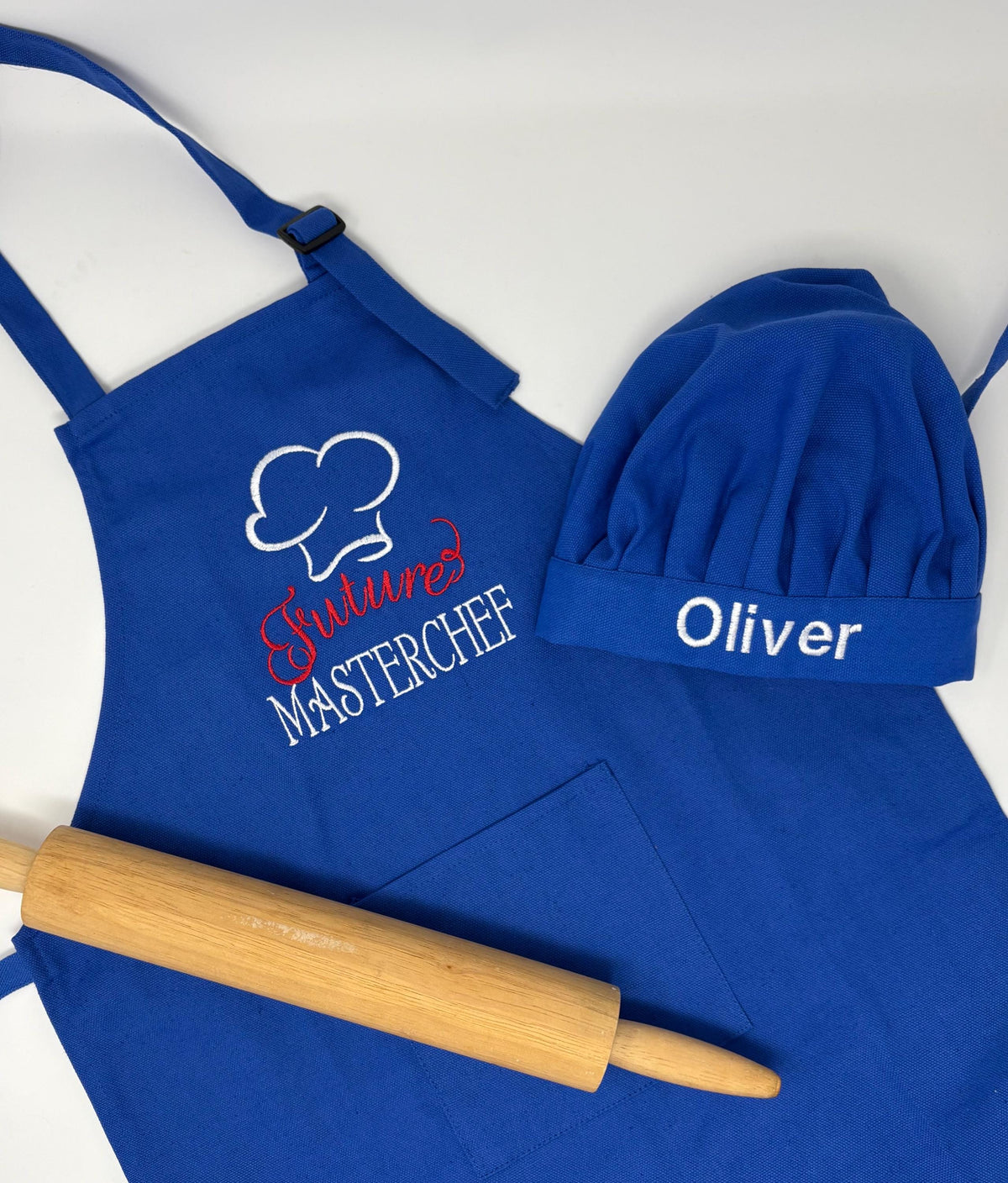 Child’s Apron and Chef Hat Set, Blue, Embroidered, Personalized, Kitchen Apron