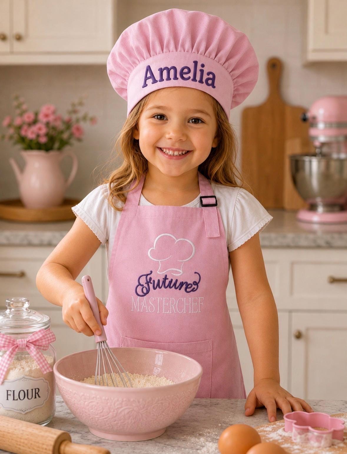 Pink Child’s Apron and Chef Hat Set, Embroidered, Personalized, Kitchen Apron