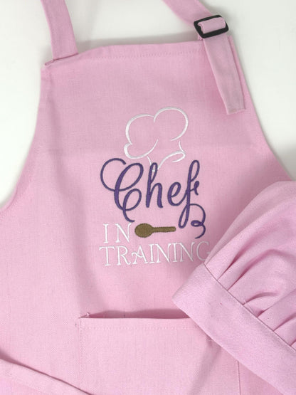 Pink Child’s Apron and Chef Hat Set, Embroidered, Personalized, Kitchen Apron