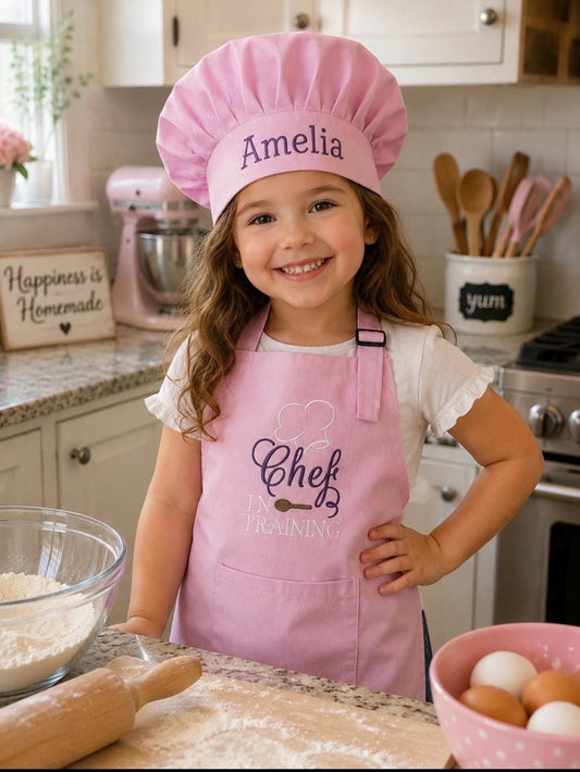 Pink Child’s Apron and Chef Hat Set, Embroidered, Personalized, Kitchen Apron