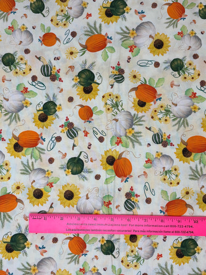 Autumn Fall Cotton Fabric Yardage, Pumpkin Patch Cream Background, Enchanted Forest, Benartex