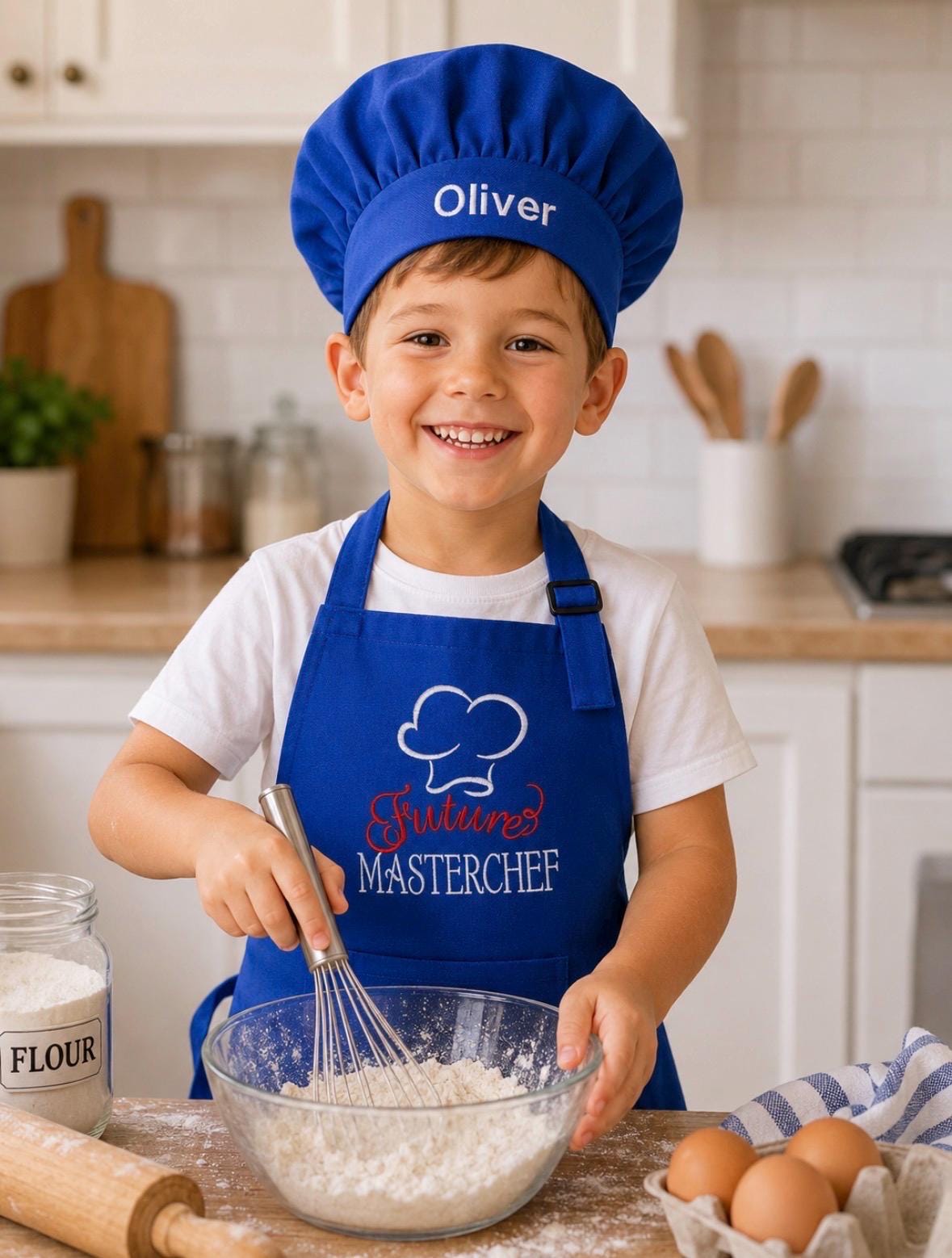 Child’s Apron and Chef Hat Set, Blue, Embroidered, Personalized, Kitchen Apron