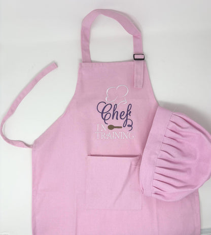 Pink Child’s Apron and Chef Hat Set, Embroidered, Personalized, Kitchen Apron