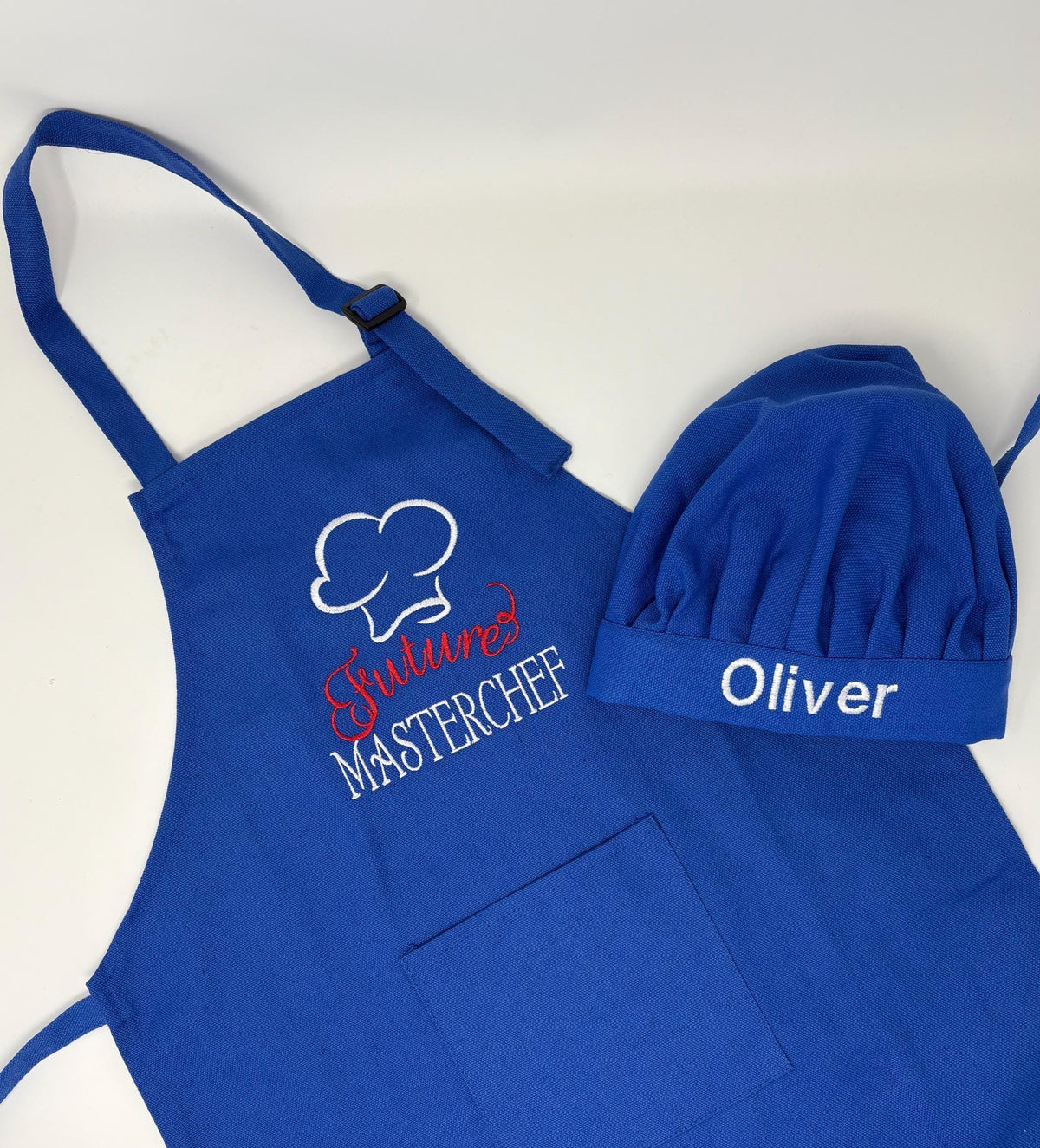 Child’s Apron and Chef Hat Set, Blue, Embroidered, Personalized, Kitchen Apron
