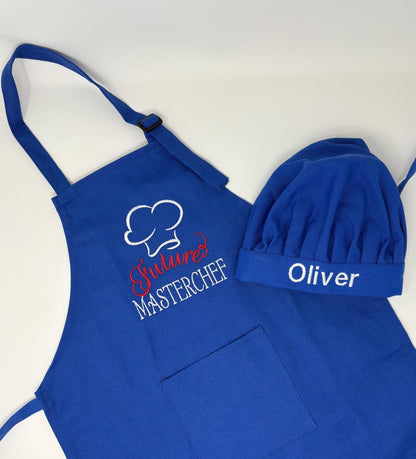 Child’s Apron and Chef Hat Set, Blue, Embroidered, Personalized, Kitchen Apron