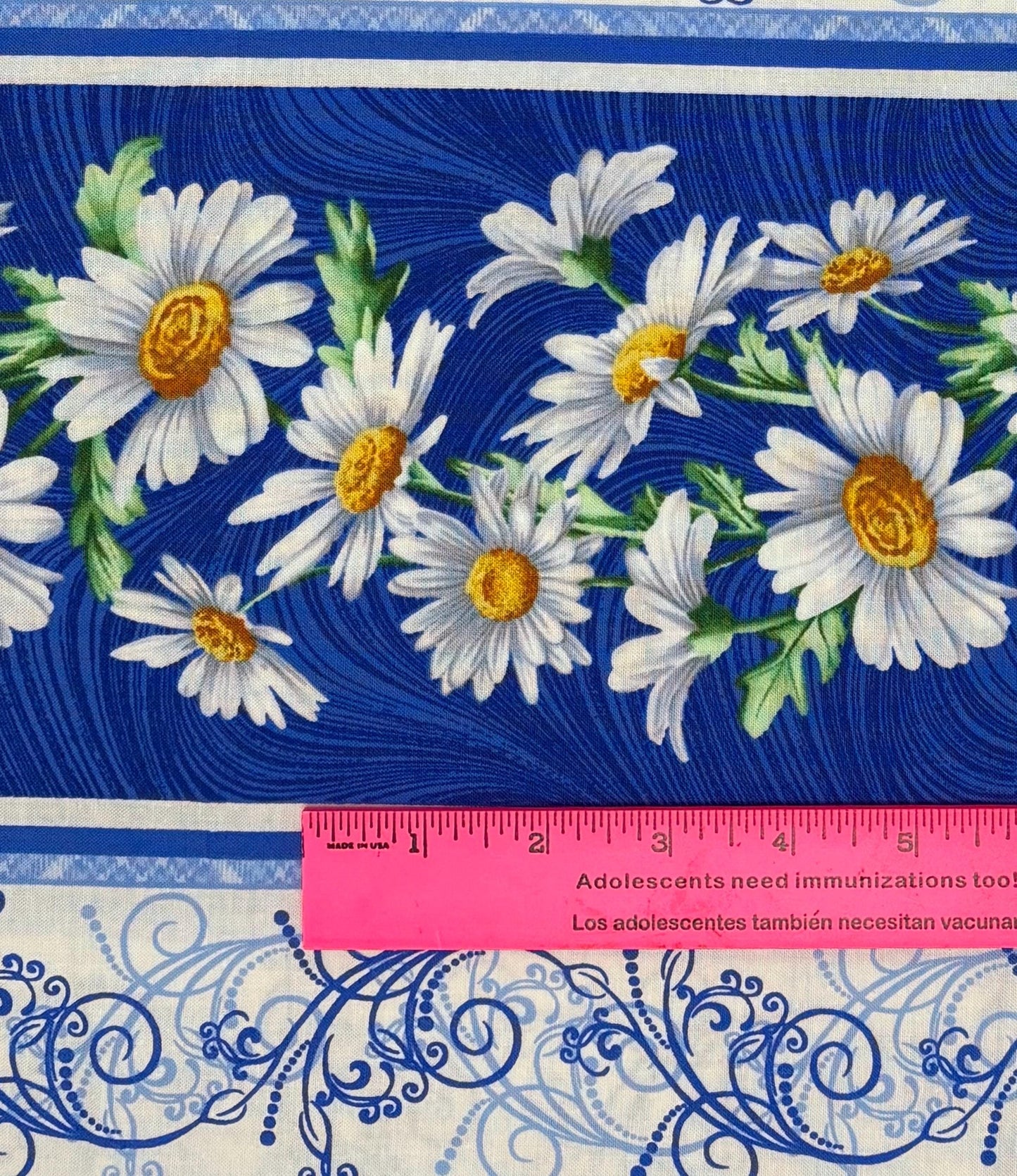 Daisy Border Stripe Cotton Fabric: All About Daisies, Medium Blue, White, Benartex