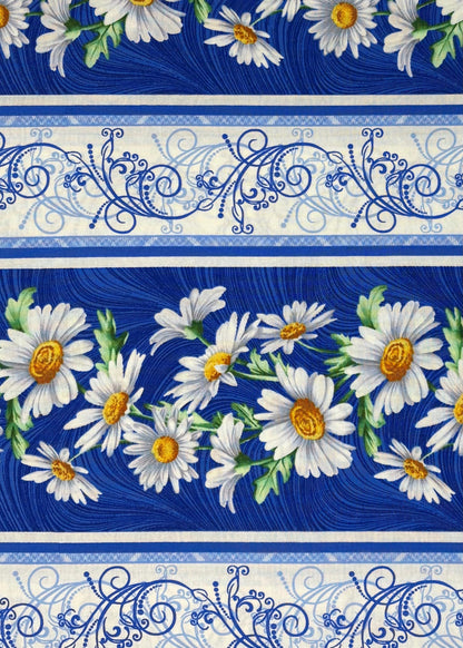 Daisy Border Stripe Cotton Fabric: All About Daisies, Medium Blue, White, Benartex