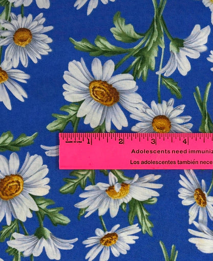 Daisy Cotton Fabric Yardage: All About Daisies, Medium Blue, White, Benartex