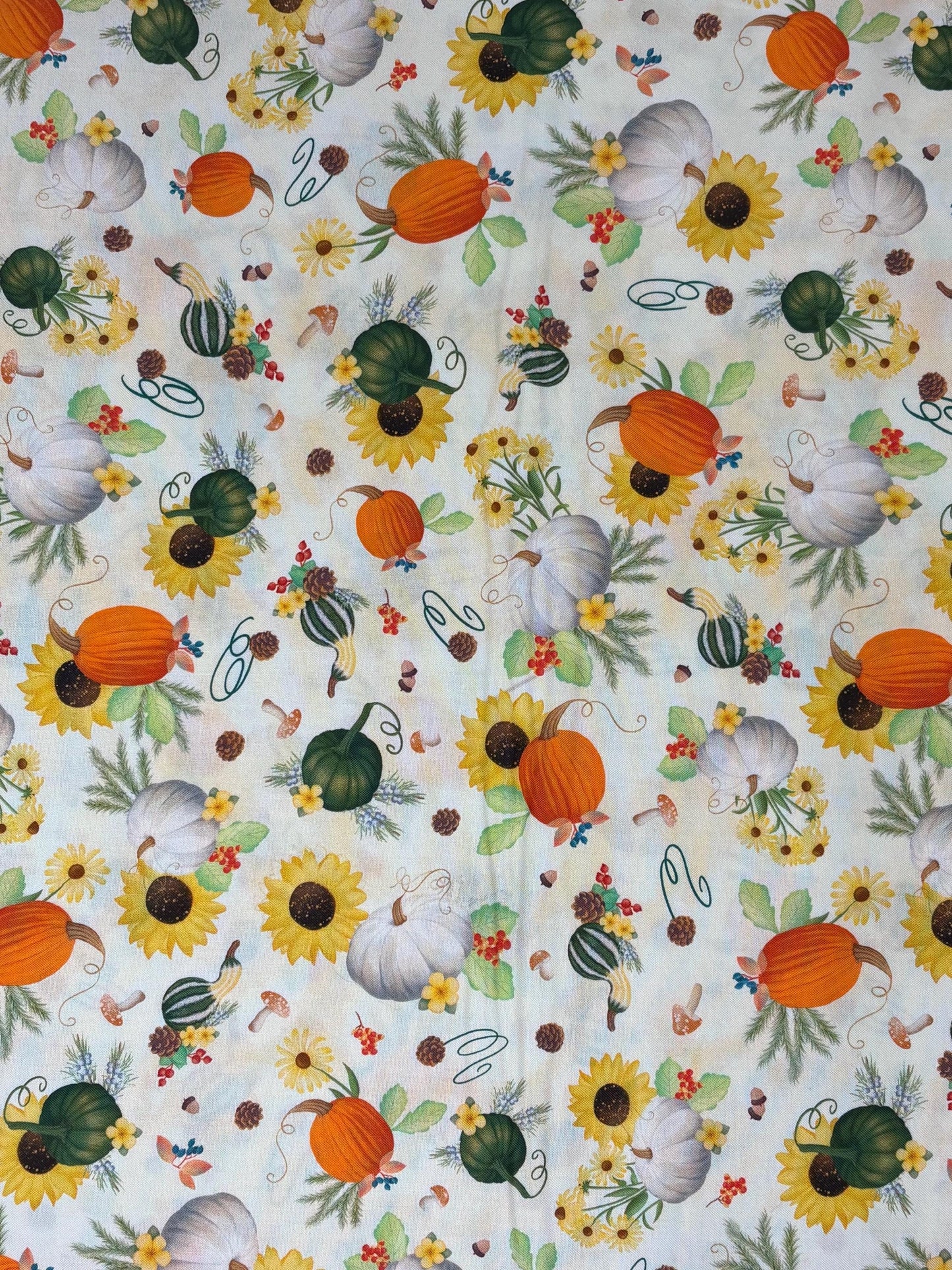 Autumn Fall Cotton Fabric Yardage, Pumpkin Patch Cream Background, Enchanted Forest, Benartex