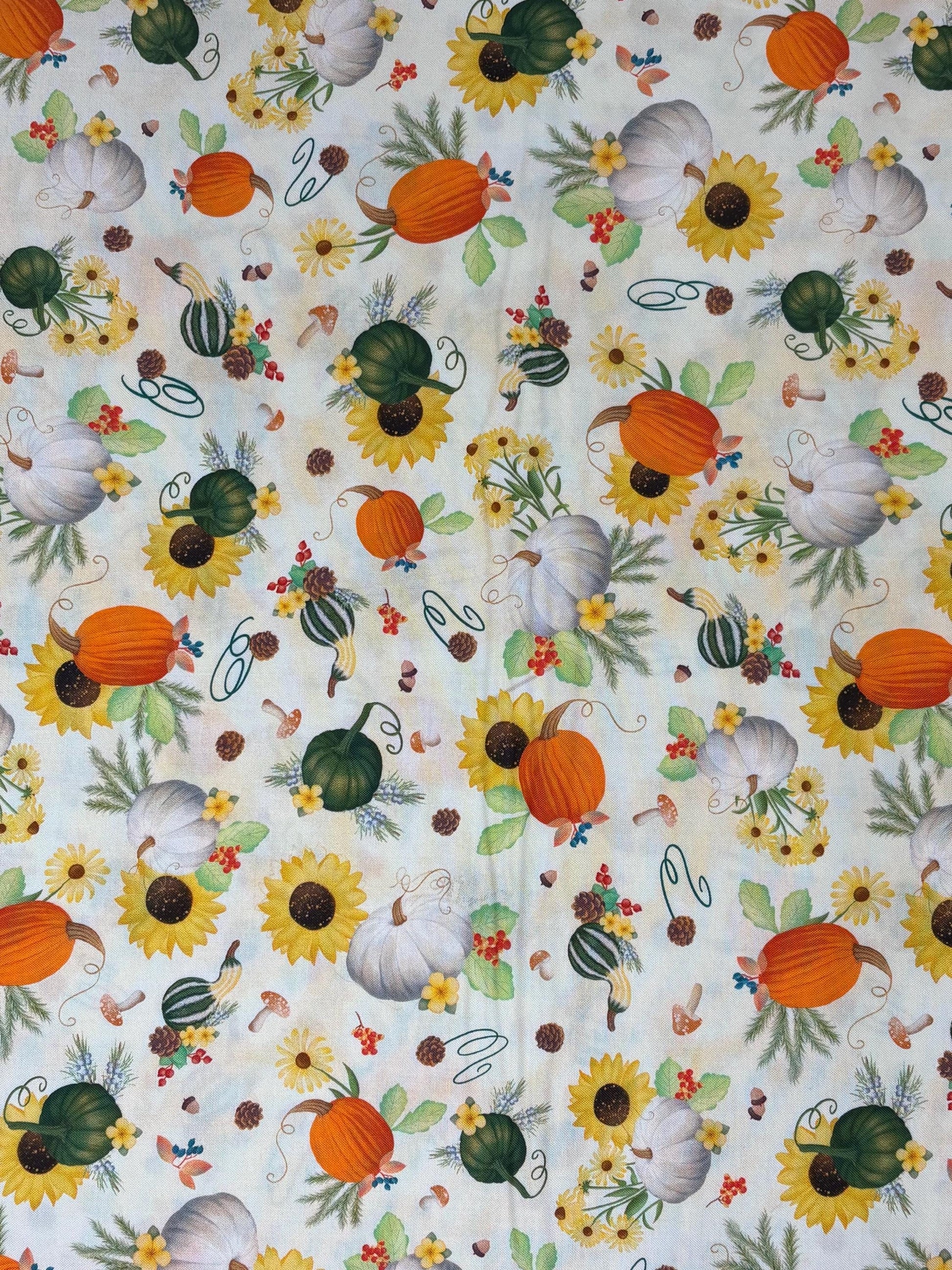 Autumn Fall Cotton Fabric Yardage, Pumpkin Patch Cream Background, Enchanted Forest, Benartex