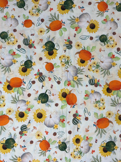 Autumn Fall Cotton Fabric Yardage, Pumpkin Patch Cream Background, Enchanted Forest, Benartex