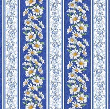 Daisy Border Stripe Cotton Fabric: All About Daisies, Medium Blue, White, Benartex