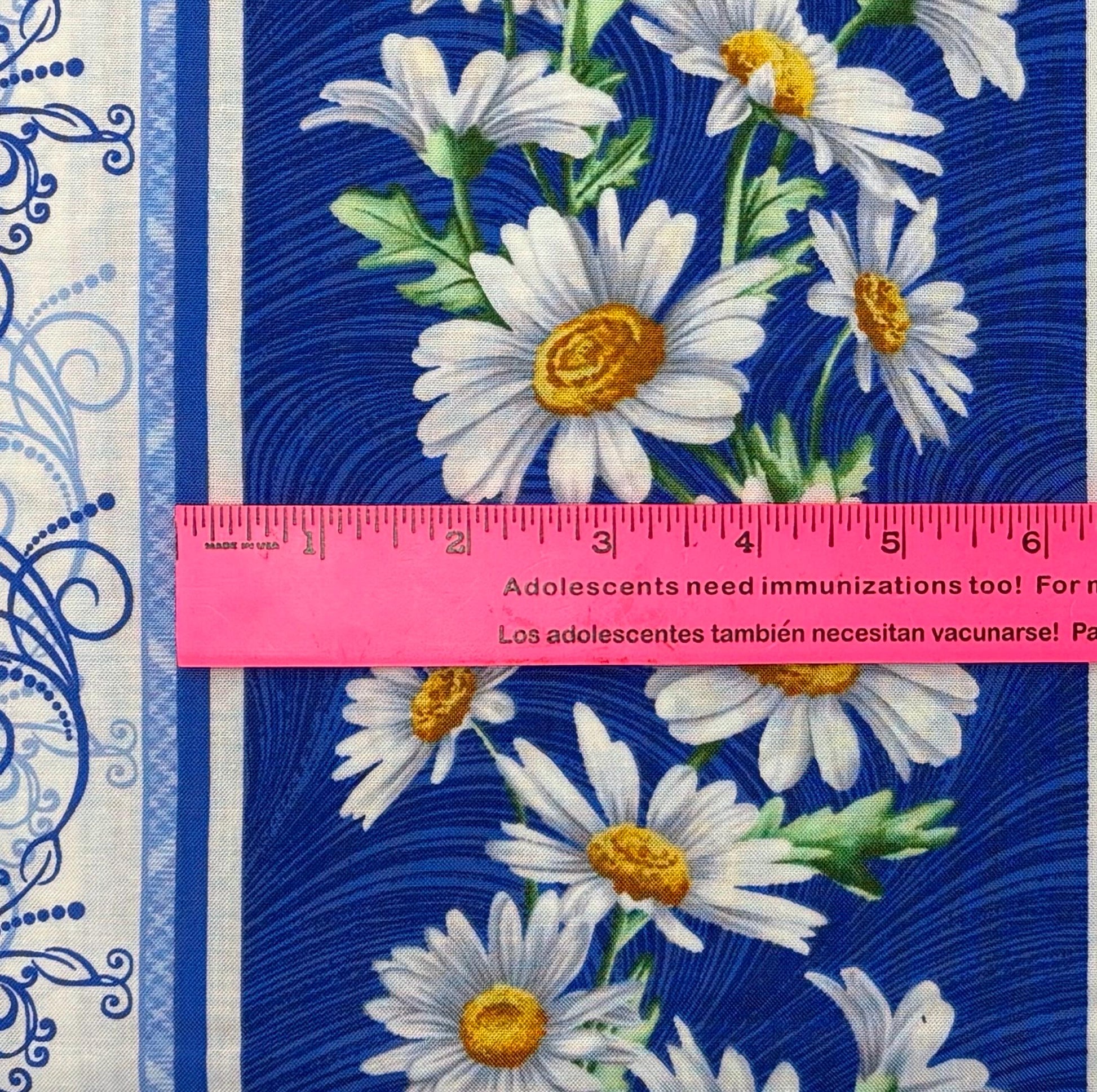 Daisy Border Stripe Cotton Fabric: All About Daisies, Medium Blue, White, Benartex